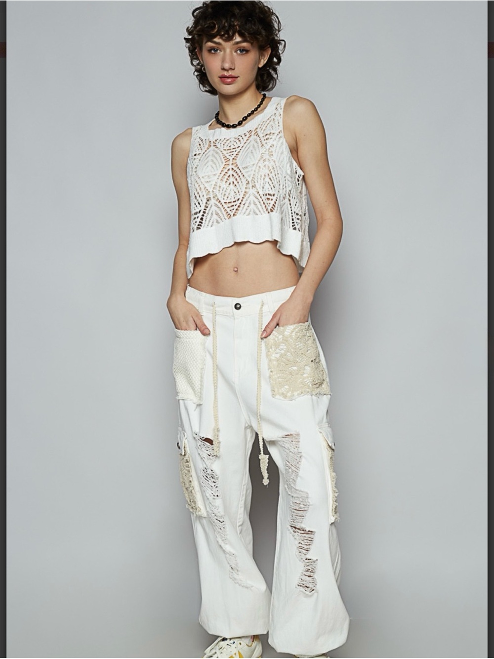 POL Boho Cream Distressed Crochet Patchwork Jogger Denim Pants